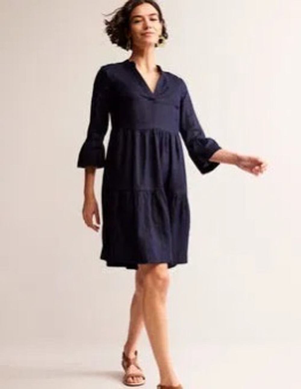 Boden Sophia 100% Linen Short Dress Navy Blue Size 14R